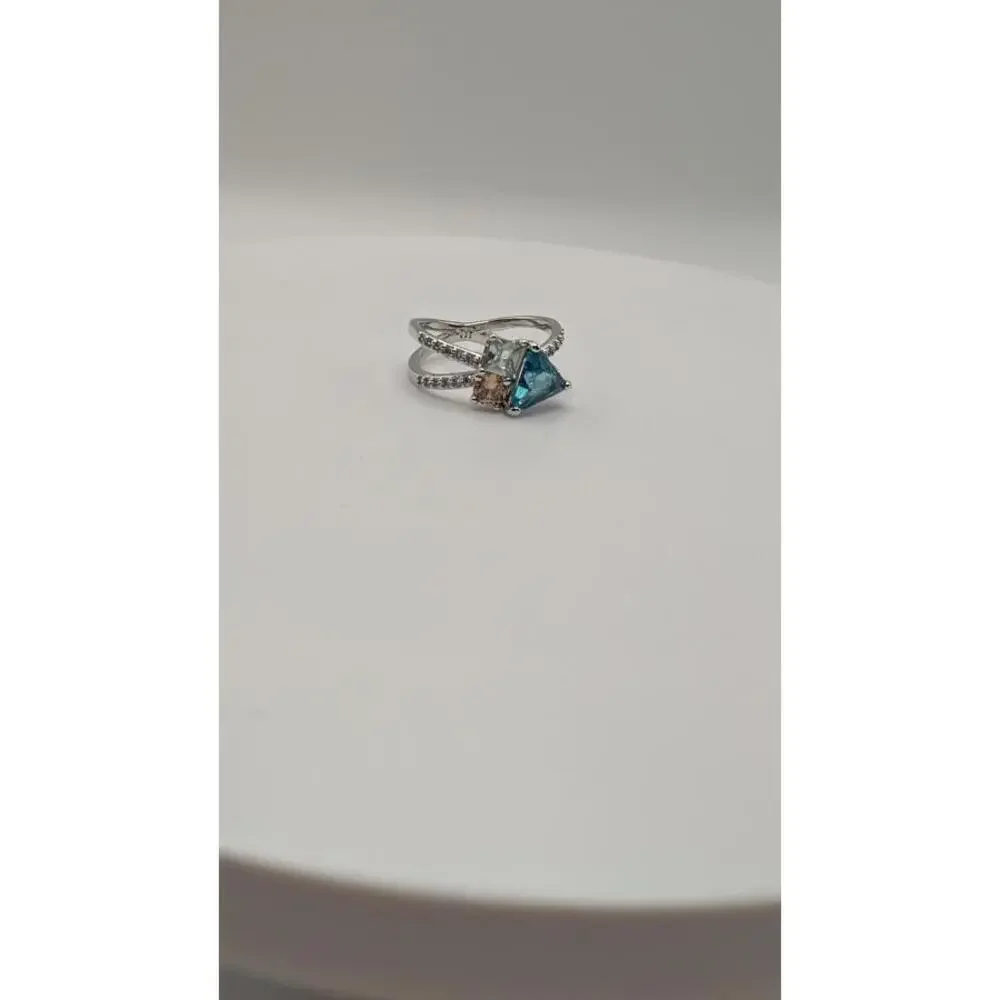 Elegant Silver Ring with Blue and Clear Gemstones Size 6